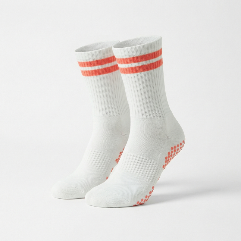 Chaussettes Grip Pilates Blanches – Bandes Corail detail