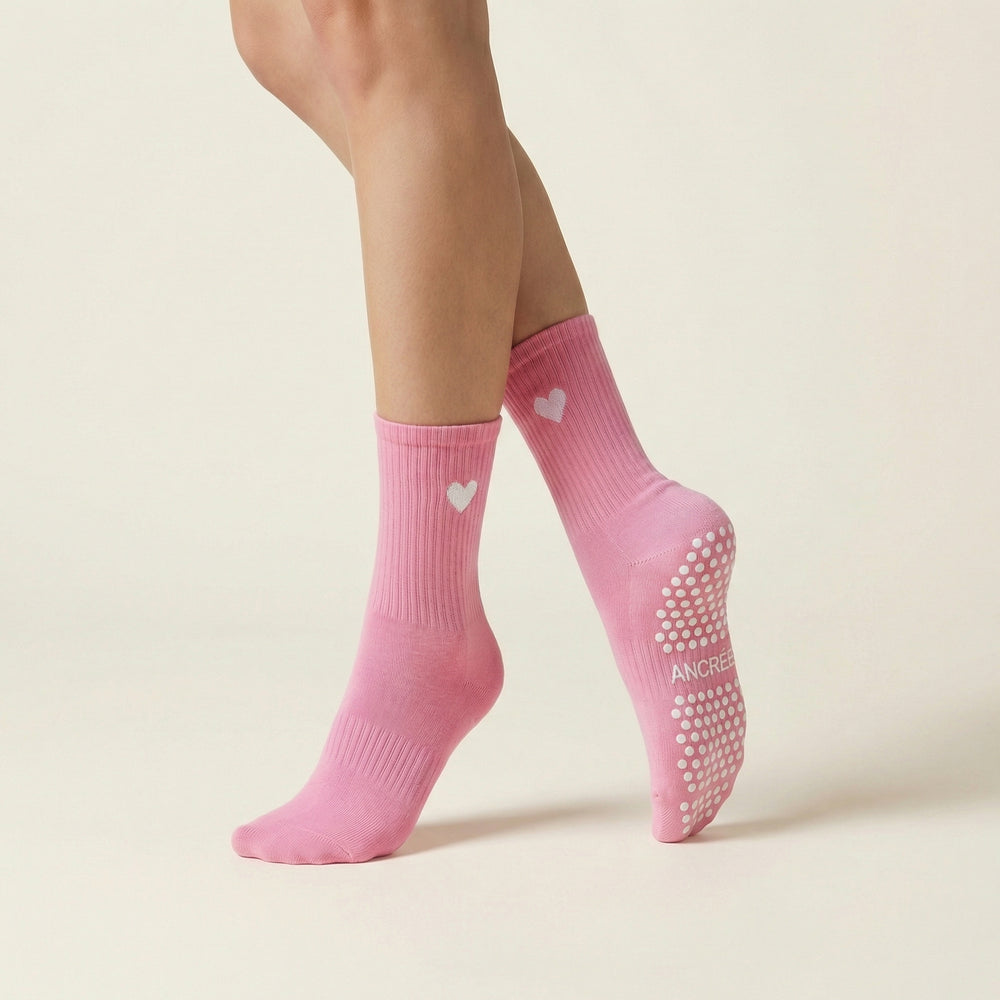 Chaussettes Grip Pilates Rose – Cœur blanc